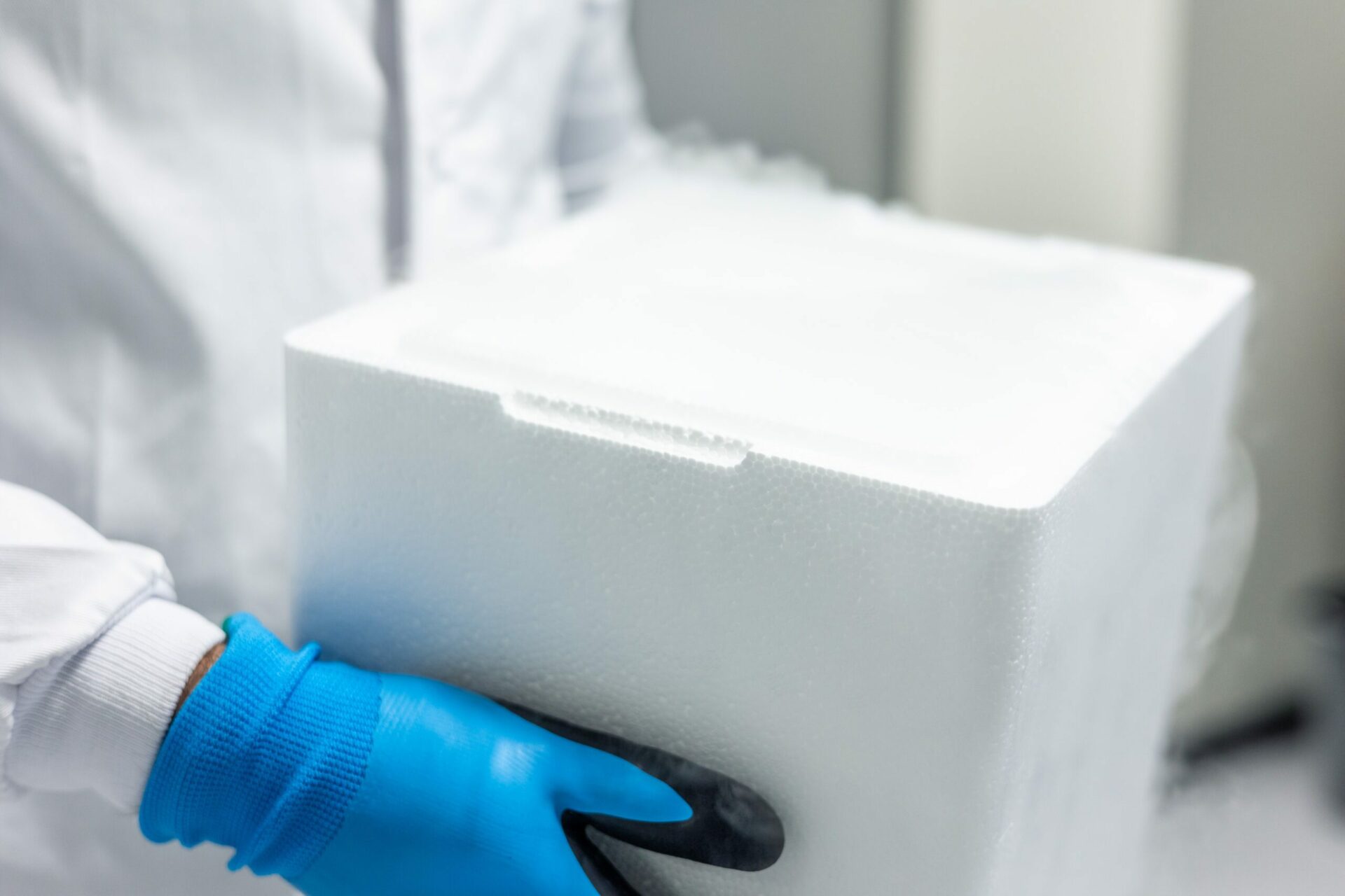 Scientist carrying frozen samples in styrofoam box in laboratory
