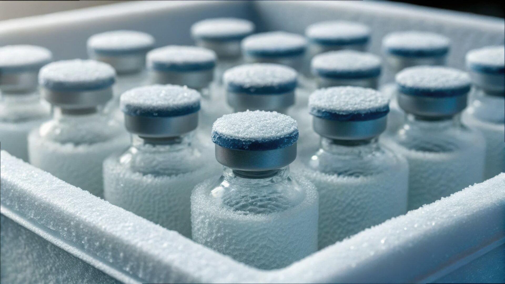 Frost-covered storage box with vials in cold chain refrigeration